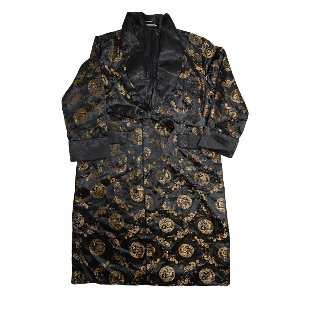 Vintage 60s SILK Dragon Embroidered Long Sleeve Robe in Black Gold